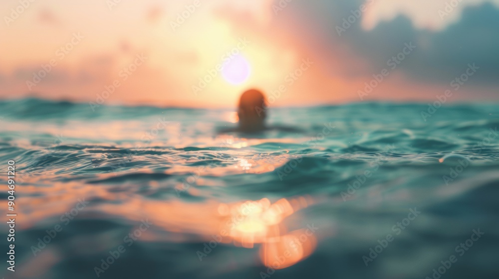Obraz premium A swimmer enjoys the tranquil ocean as the sun sets, casting warm colors across the sky