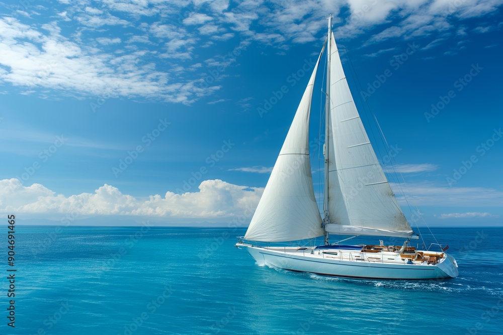 Fototapeta premium White Sailboat Sailing on Clear Blue Ocean Under a Sunny Sky