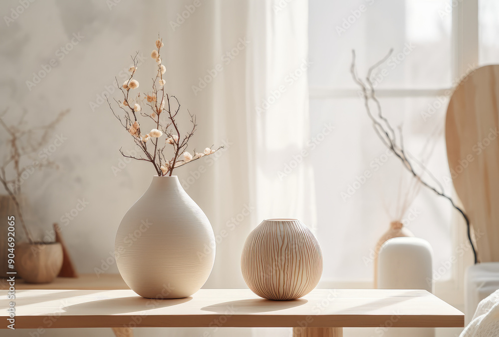 Modern Minimalist Vases with Branches on Wooden Table Modern Minimalist Vases with Branches on Wooden Table