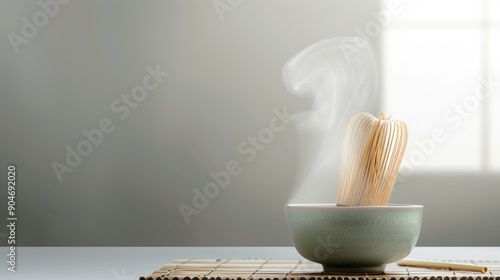 Traditional matcha tea with steam rising, next to a bamboo whisk, isolated background, perfect for branding or text overlays