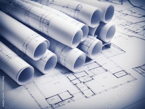 architectural plan. construction site, pencils and blueprints on a messy table.