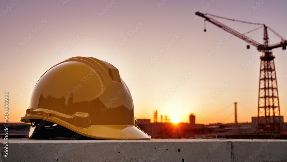 Obraz premium yellow hard hat placed on construction site at sunset with construction site background, safety first concept