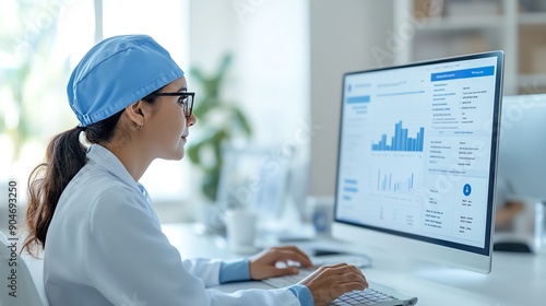 Healthcare professional analyzing patient data on a large computer screen in a bright, modern office, wearing scrubs and glasses, focused on improving patient outcomes. photo