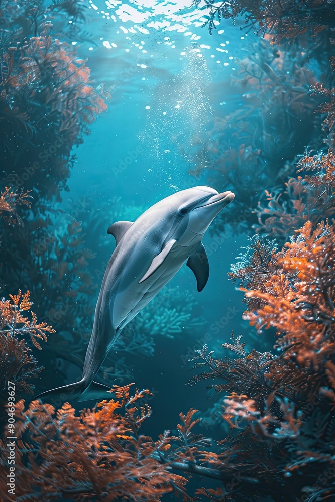 Fototapeta premium Dolphin Swimming Through a Sunlit Coral Reef