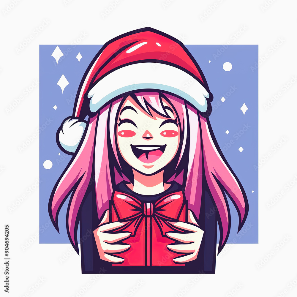 Cheerful Anime Girl in Santa Hat Holding a Gift Cheerful Anime Girl in Santa Hat Holding a Gift