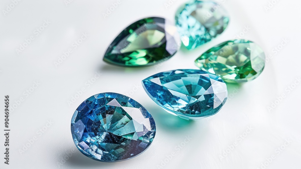 A white background highlighting pear-shaped teal, green, and blue sapphires, exuding elegance and color. A white background highlighting pear-shaped teal, green, and blue sapphires, exuding elegance and color.