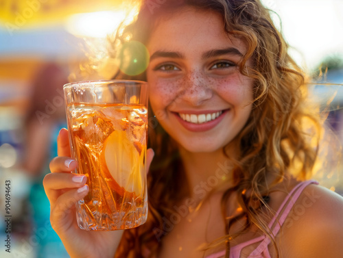 A woman is holding a glass of a drink with a slice of apple in it. She is smiling and she is enjoying her drink