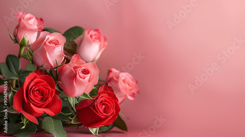 Valentine's day design background with pink and red rose flowers on pink table background, valentines, spring or mother's day.
