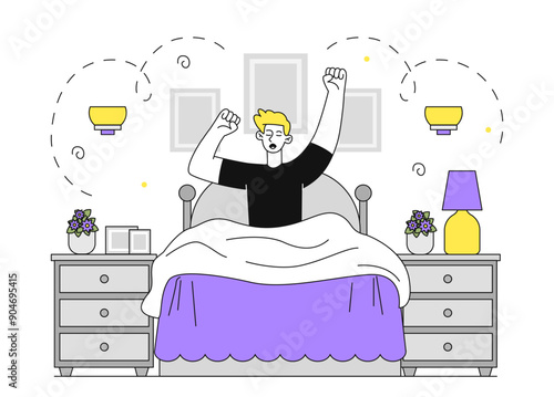 Sleepy man wakes up. Young guy sits on bed and stretches. Morning scene from home. Person in comfortable and cozy bedroom. Rest and relaxation. Linear vector illustration