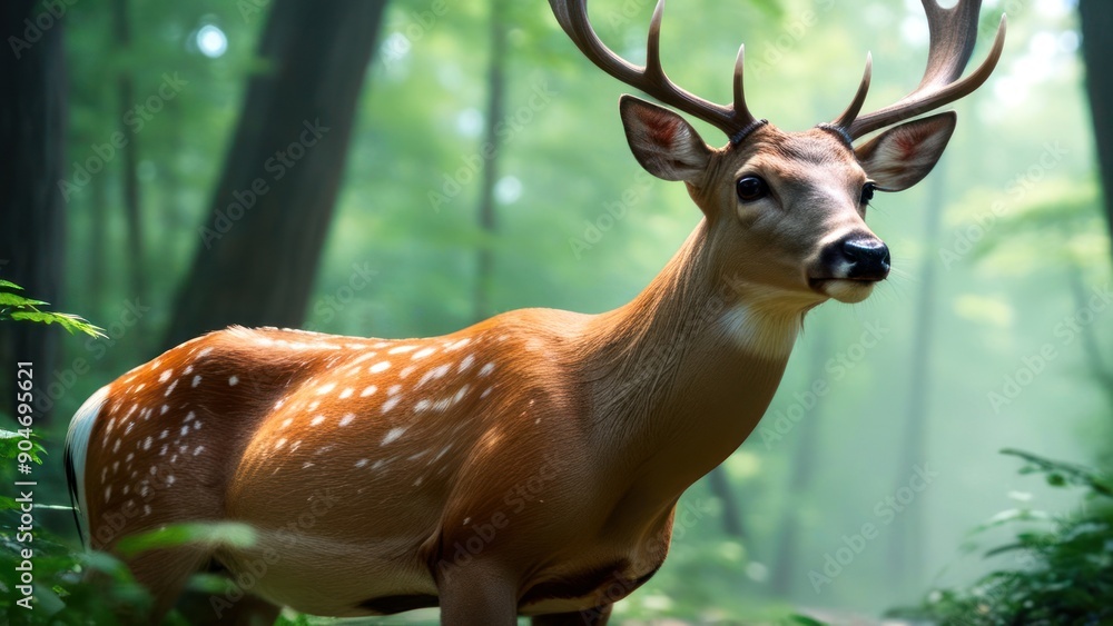 Fototapeta premium man in stylish jacket and leather deer mask in wooded scene,