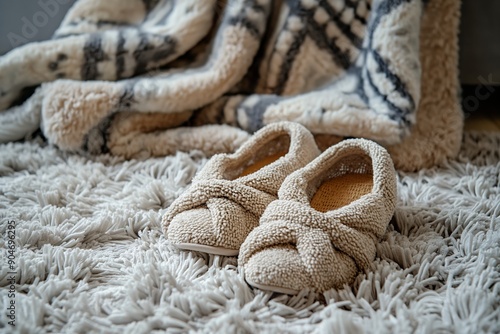 Cozy slippers and blanket on fluffy carpet