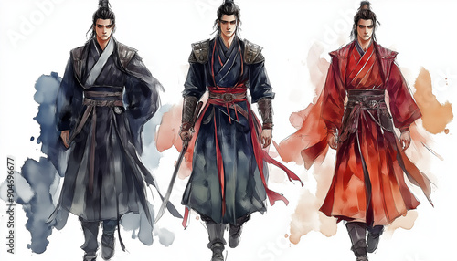 Chinese man warrior costume, fashion illustration, image in drawing and watercolor