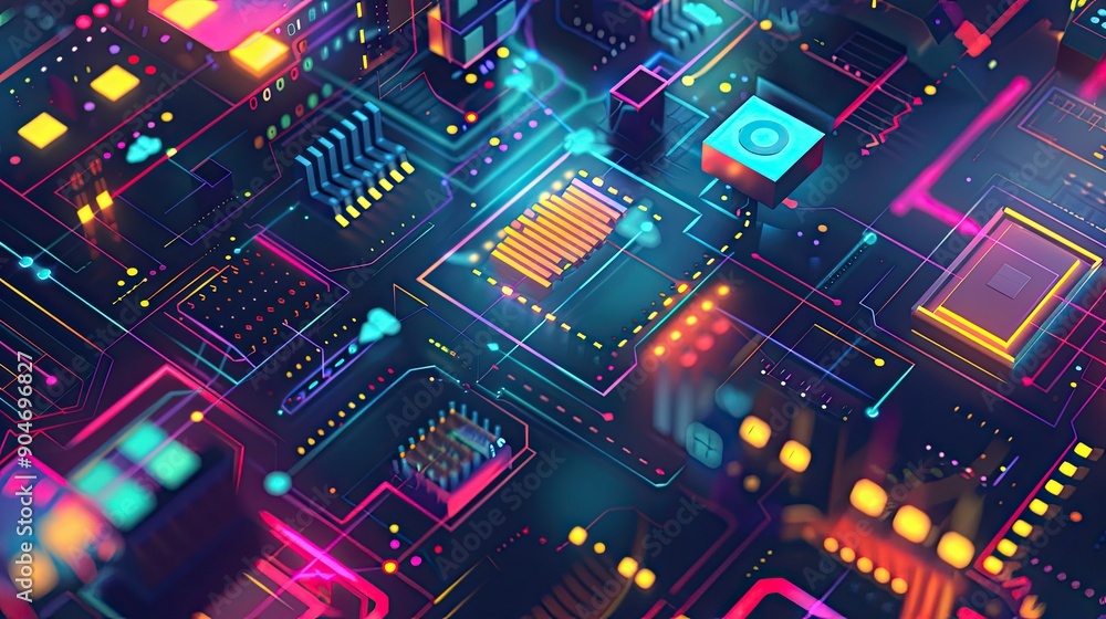Bright geometric shapes with embedded data symbols, forming a modern and eye-catching abstract visual. Bright geometric shapes with embedded data symbols, forming a modern and eye-catching abstract visual.