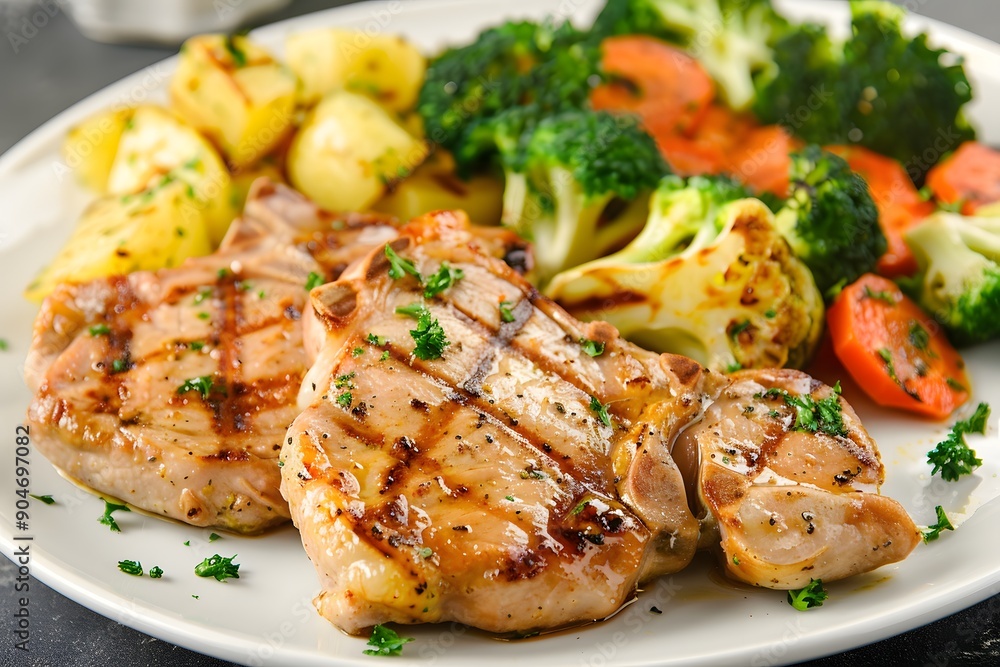 Grilled pork chops served with fresh vegetables and roasted potatoes. Grilled pork chops served with fresh vegetables and roasted potatoes.