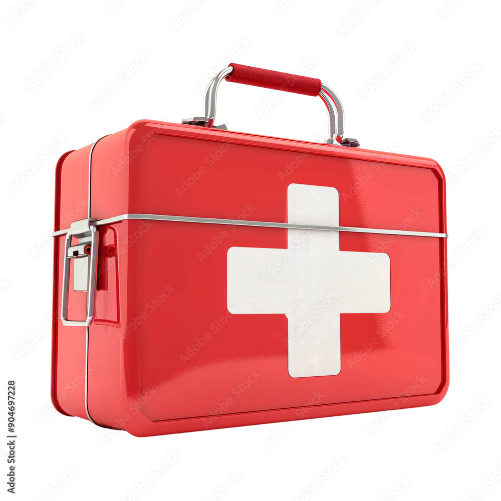 Fototapeta premium A red first aid kit featuring a white cross, ready for use in emergencies and designed for easy storage in homes or offices