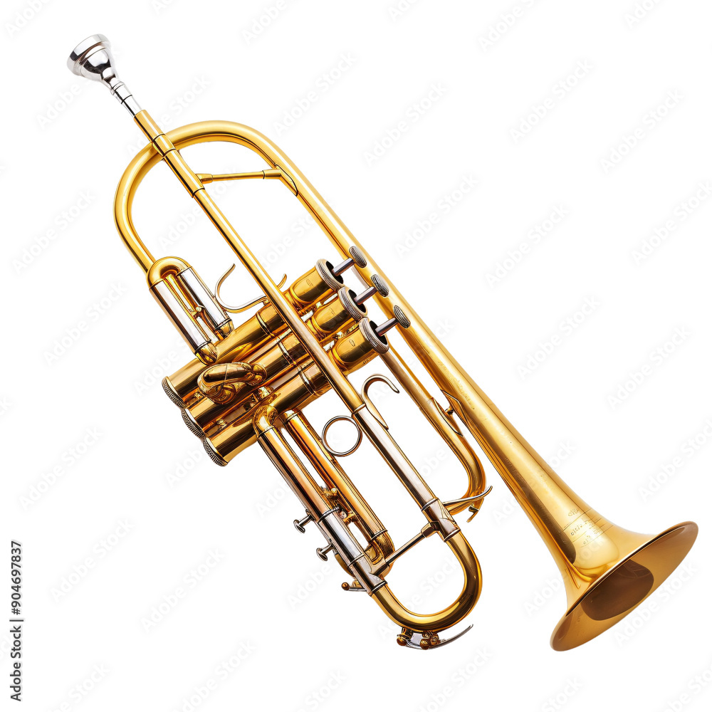 Obraz premium A beautifully crafted golden trumpet is displayed diagonally, showcasing its intricate design and polished finish, highlighting the artistry of musical instruments