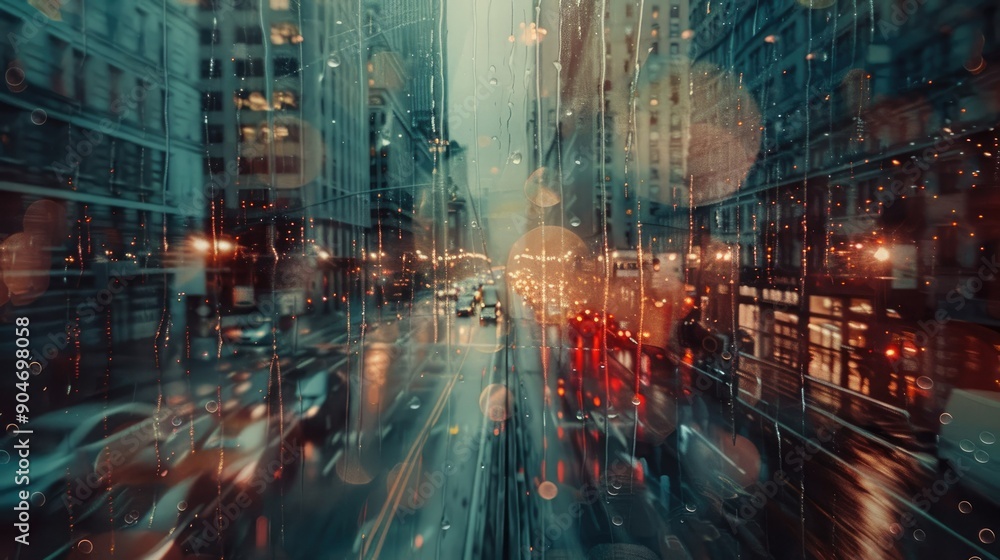 Obraz premium Double exposure image of a rainy day, combining cityscape elements with raindrop patterns to create a moody and artistic visual.