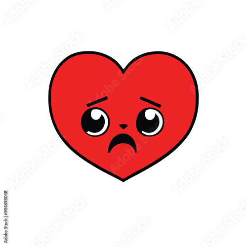 Cute sad red heart kawaii on white background, vector illustration