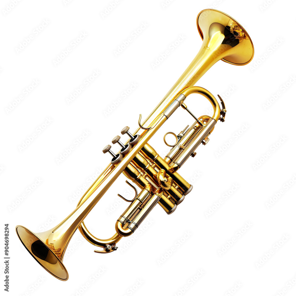 Obraz premium A shining golden trumpet is prominently featured against a white background, highlighting its sleek design and craftsmanship, perfect for music lovers and enthusiasts