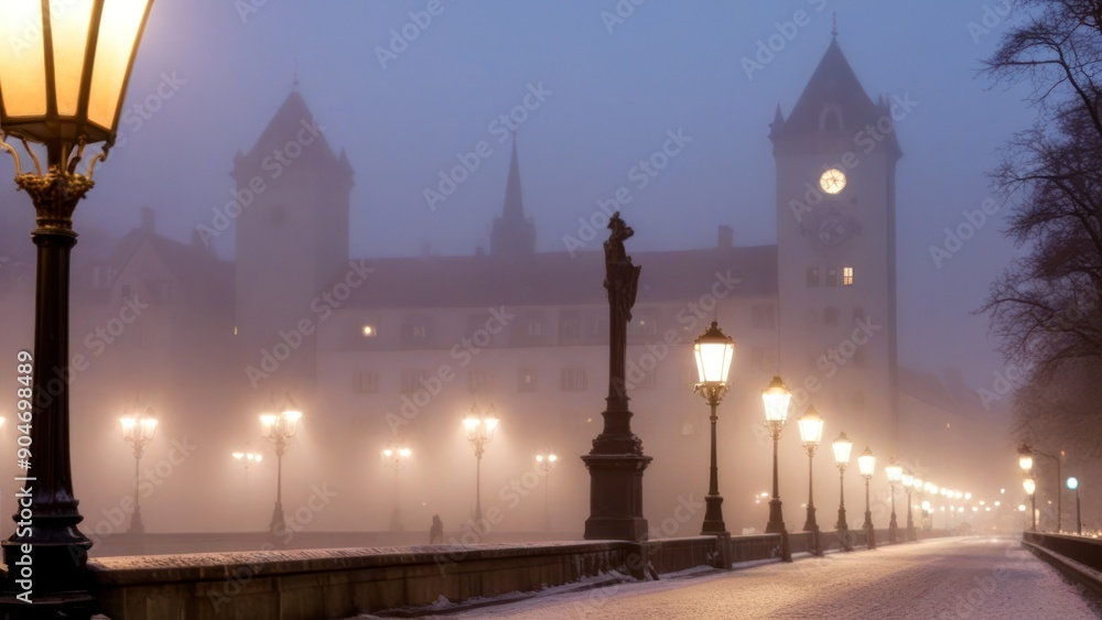 Obraz premium a bridge spanning over water with one tower lit up in the night,