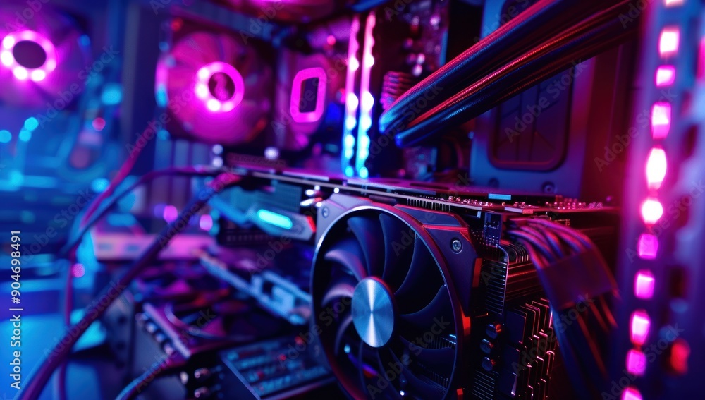 Closeup of a Gaming PC Graphics Card with RGB Lighting Closeup of a Gaming PC Graphics Card with RGB Lighting