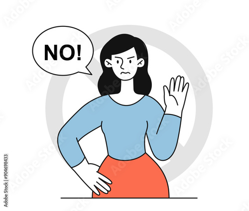 Woman say no. Young girl refuses offer. Stop sexism and gender inequality. Person reject help at sign language. Refusal and rejection. Linear vector illustration