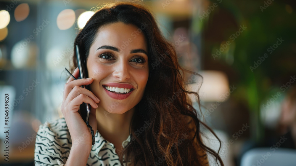 Successful female executive happily talking to a coworker on the phone, working in her office Successful female executive happily talking to a coworker on the phone, working in her office