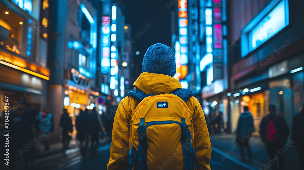 Backpacker exploring a vibrant city at night, with neon lights, bustling streets, and a sense of excitement and energy. Backpacker exploring a vibrant city at night, with neon lights, bustling streets, and a sense of excitement and energy.