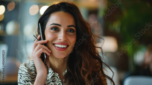 Successful female executive happily talking to a coworker on the phone, working in her office