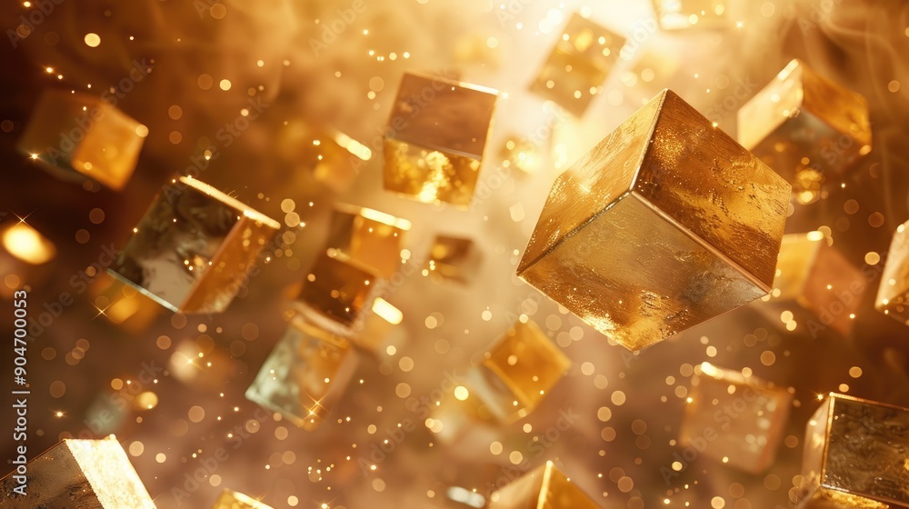 Golden cubes floating in a richly decorated background, creating a visual of luxury and elegance. Golden cubes floating in a richly decorated background, creating a visual of luxury and elegance.