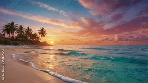 Wallpaper Mural Golden hour paints the sky with vibrant hues as the sun dips below the horizon, casting a magical glow on the tranquil ocean and sandy shores Torontodigital.ca