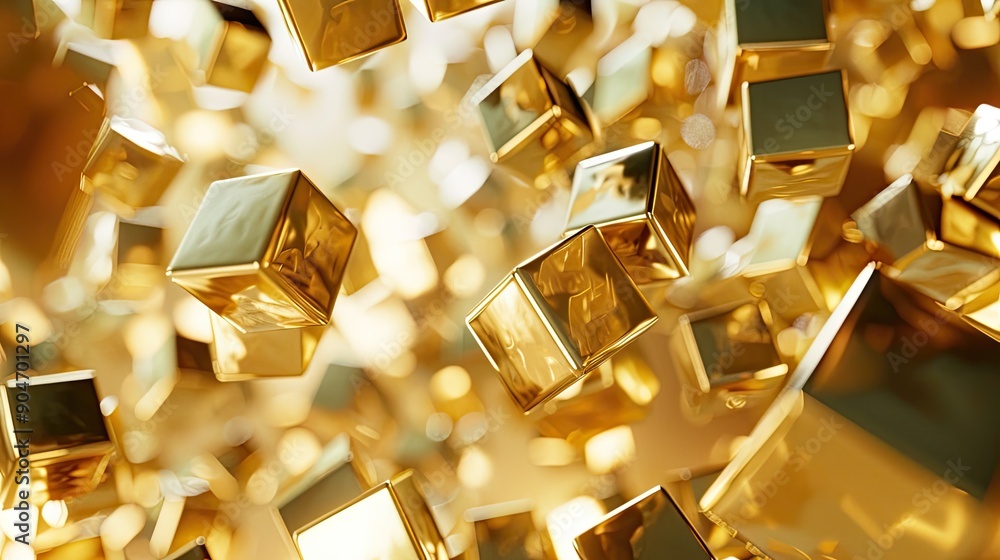 Opulent 3D golden cubes, suspended against a background that enhances their luxurious appearance. Opulent 3D golden cubes, suspended against a background that enhances their luxurious appearance.