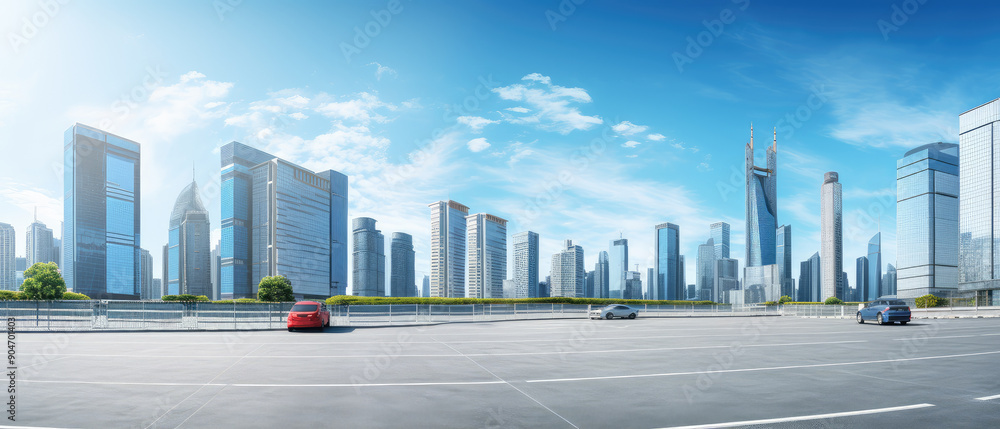 Modern Metropolis: Skyline and Roadway Under Blue Sky Modern Metropolis: Skyline and Roadway Under Blue Sky