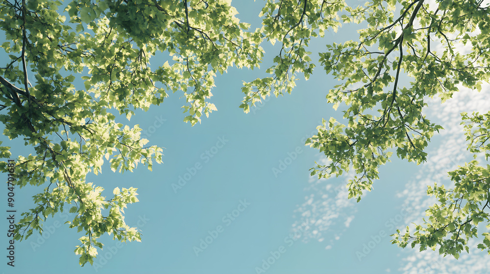 Fototapeta premium Sunlit leaves against a bright blue sky, capturing the essence of spring and summer in a vibrant, natural setting