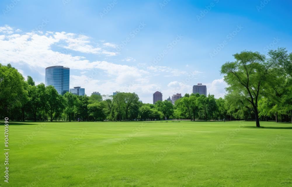 Serene City Park with Lush Greenery and Skyline Serene City Park with Lush Greenery and Skyline