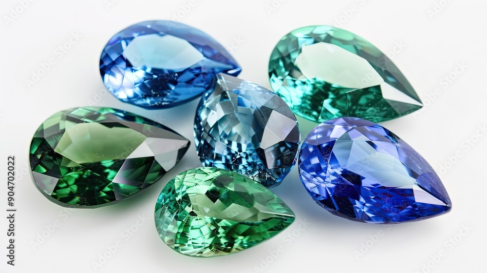 Teal, green, and blue pear-shaped sapphires set against a white background, showcasing their vibrant hues. Teal, green, and blue pear-shaped sapphires set against a white background, showcasing their vibrant hues.