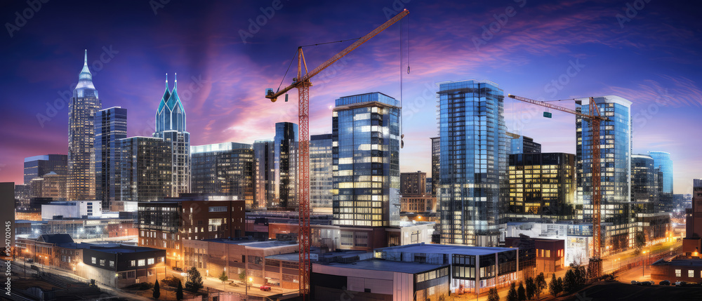 Fototapeta premium Urban Growth: Skyscrapers and Cranes Against Twilight Sky