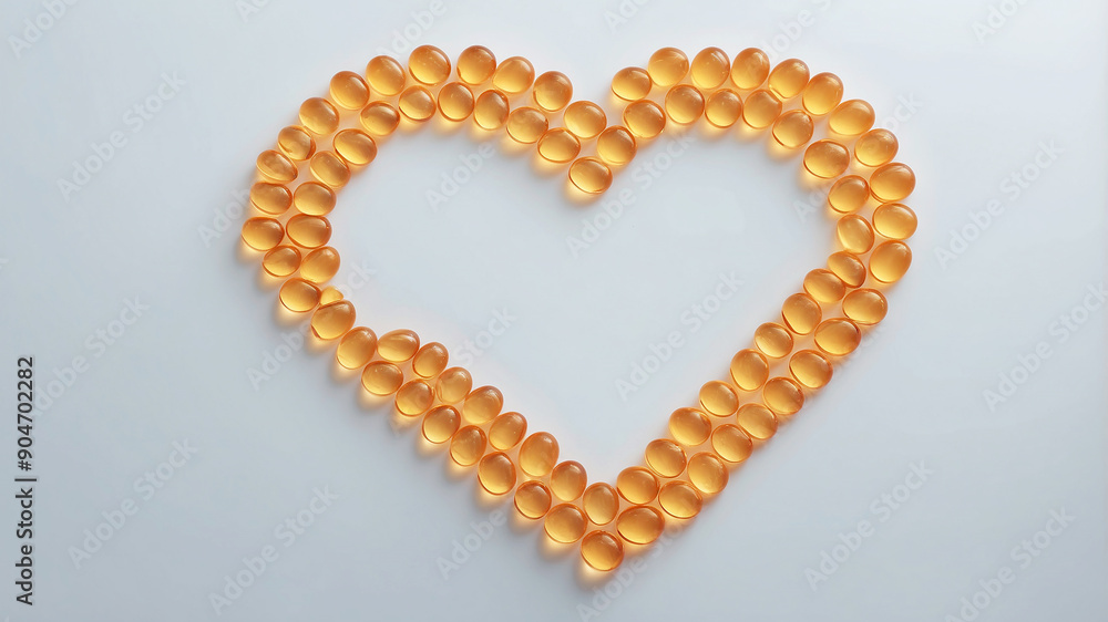 Obraz premium fish oil pills arranged in a heart shape on a reflective surface, with the background slightly blurred