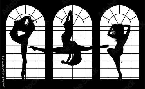 baile, danza, silueta, bailarina, danza ritmica, silueta, deporte, ballet, vector, ballet, movimiento, ventanal, contraluz