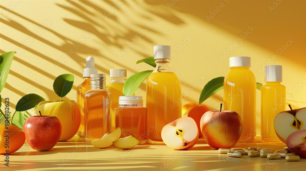 Richly Displayed Apple Cider Vinegar Extract with Bottles and Supplements for a Healthful Lifestyle Richly Displayed Apple Cider Vinegar Extract with Bottles and Supplements for a Healthful Lifestyle