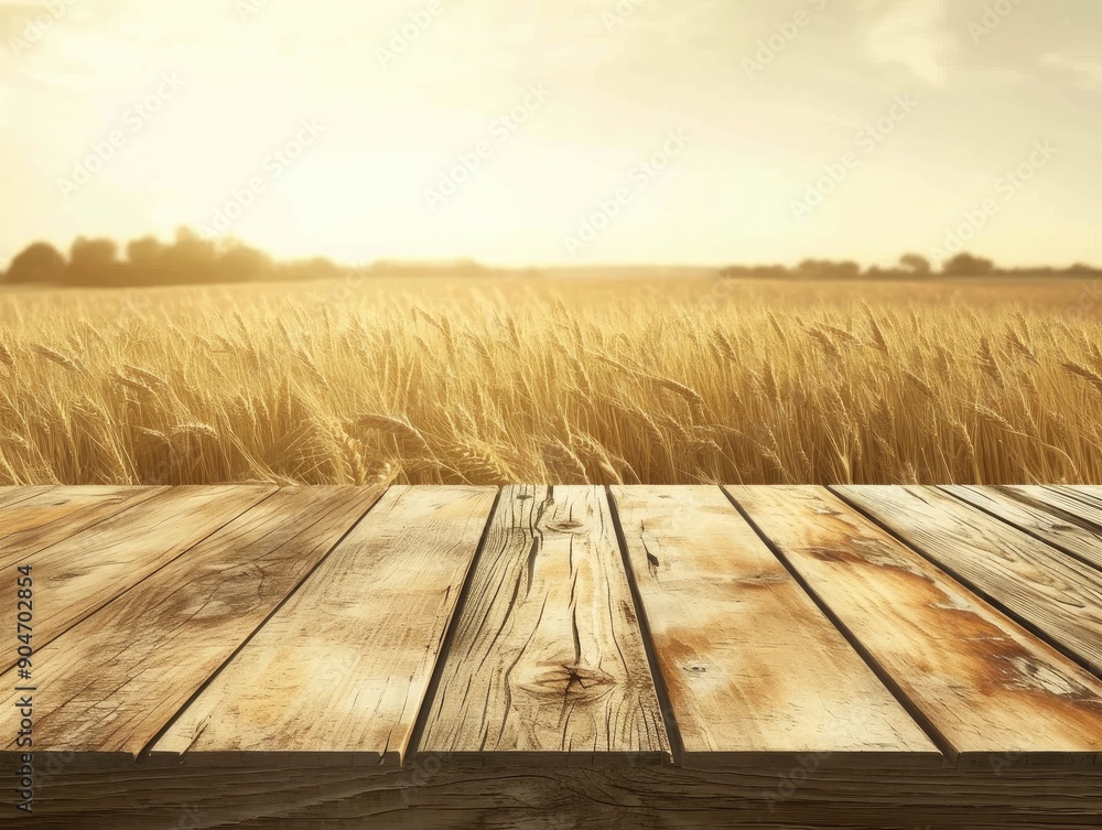 Weathered wooden table with a soft-focused view of a farm field, golden wheat swaying in the breeze, Realistic, Earth Tones Weathered wooden table with a soft-focused view of a farm field, golden wheat swaying in the breeze, Realistic, Earth Tones