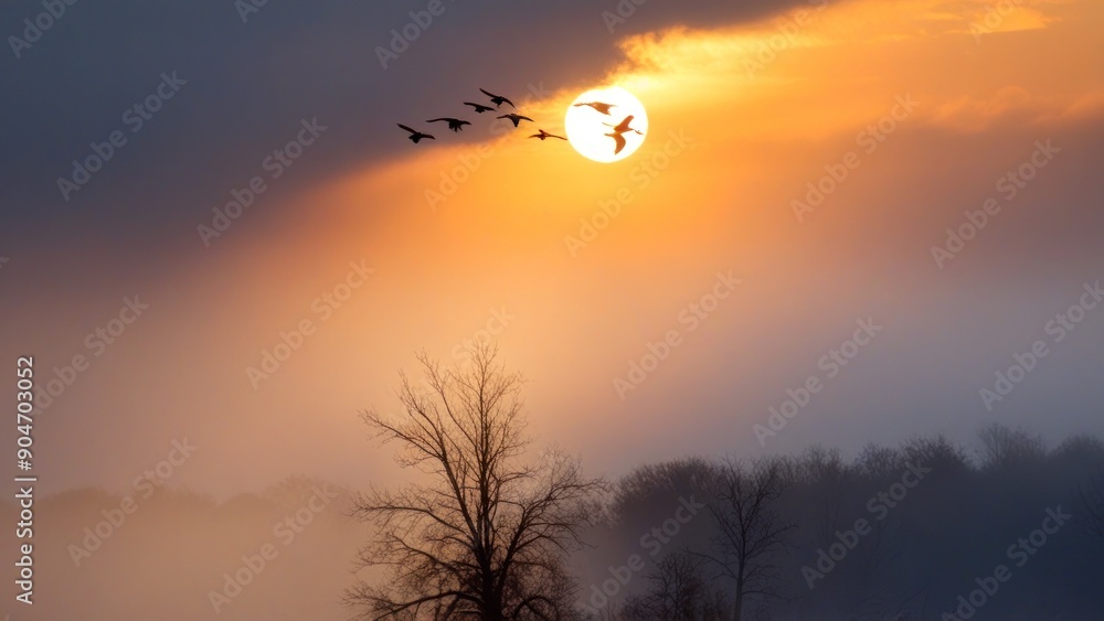 Fototapeta premium a group of birds flying through the air over a field,