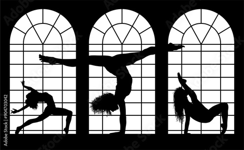 baile, danza, silueta, bailarina, danza ritmica, silueta, deporte, ballet, vector, ballet, movimiento, ventanal, contraluz