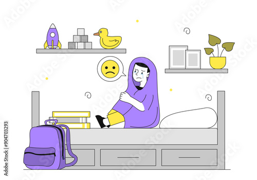 Unhappy boy crying at bed. Kid sits in bedroom and cries. Negative feelings and emotions. Child with childhood. Deression and frustration. Linear vector illustration