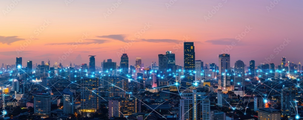 Obraz premium Cityscape at Sunset with Network Connections