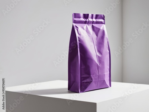 purple paper doypack placed on a podium on an empty background.