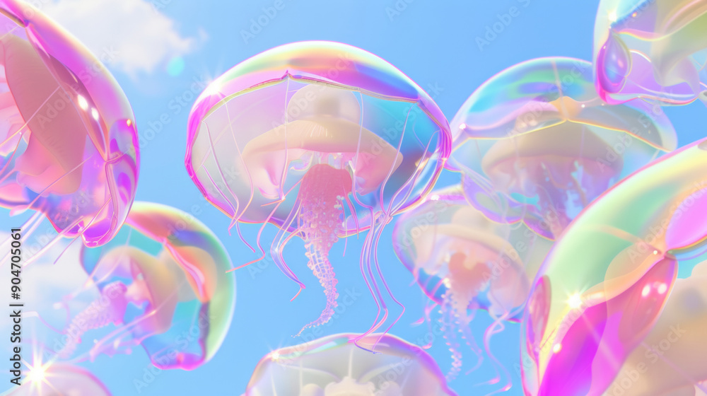3D colorful glass textured jellyfishes floating in the air with futuristic pop style background 3D colorful glass textured jellyfishes floating in the air with futuristic pop style background