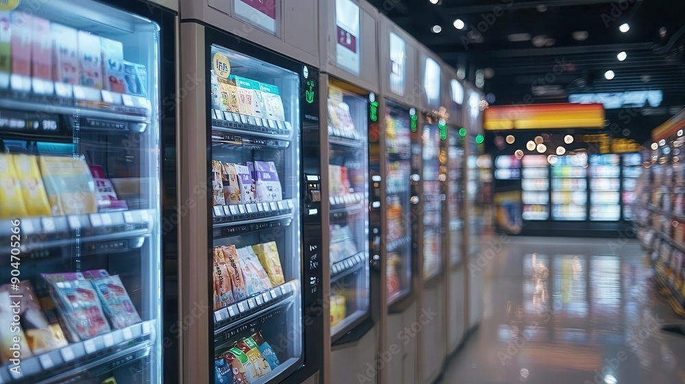 AI-driven vending machines offering personalized product recommendations in a high-tech shopping mall AI-driven vending machines offering personalized product recommendations in a high-tech shopping mall