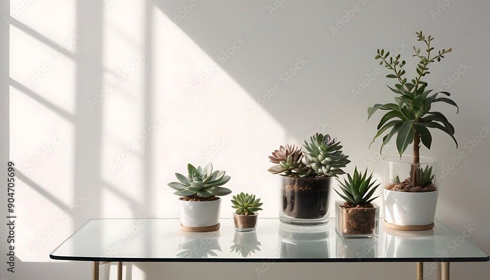 Minimalist Interior with Succulent Plants in Various Pots on a Wooden Bench with Sunlight and Shadows Minimalist Interior with Succulent Plants in Various Pots on a Wooden Bench with Sunlight and Shadows