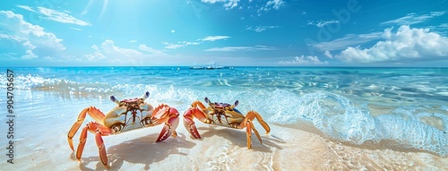 Two funny crabs on an azure beach, posing for the camera in close-up. Concept of marine animals. Friendship concept. Resort season.Copy space